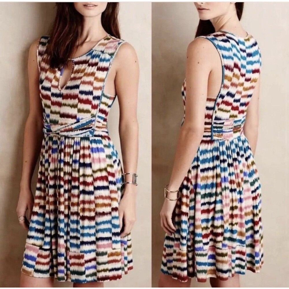 Maeve Anthropologie XS Multicolor Ikat Fit Flare Sleeveless Keyhole Dress